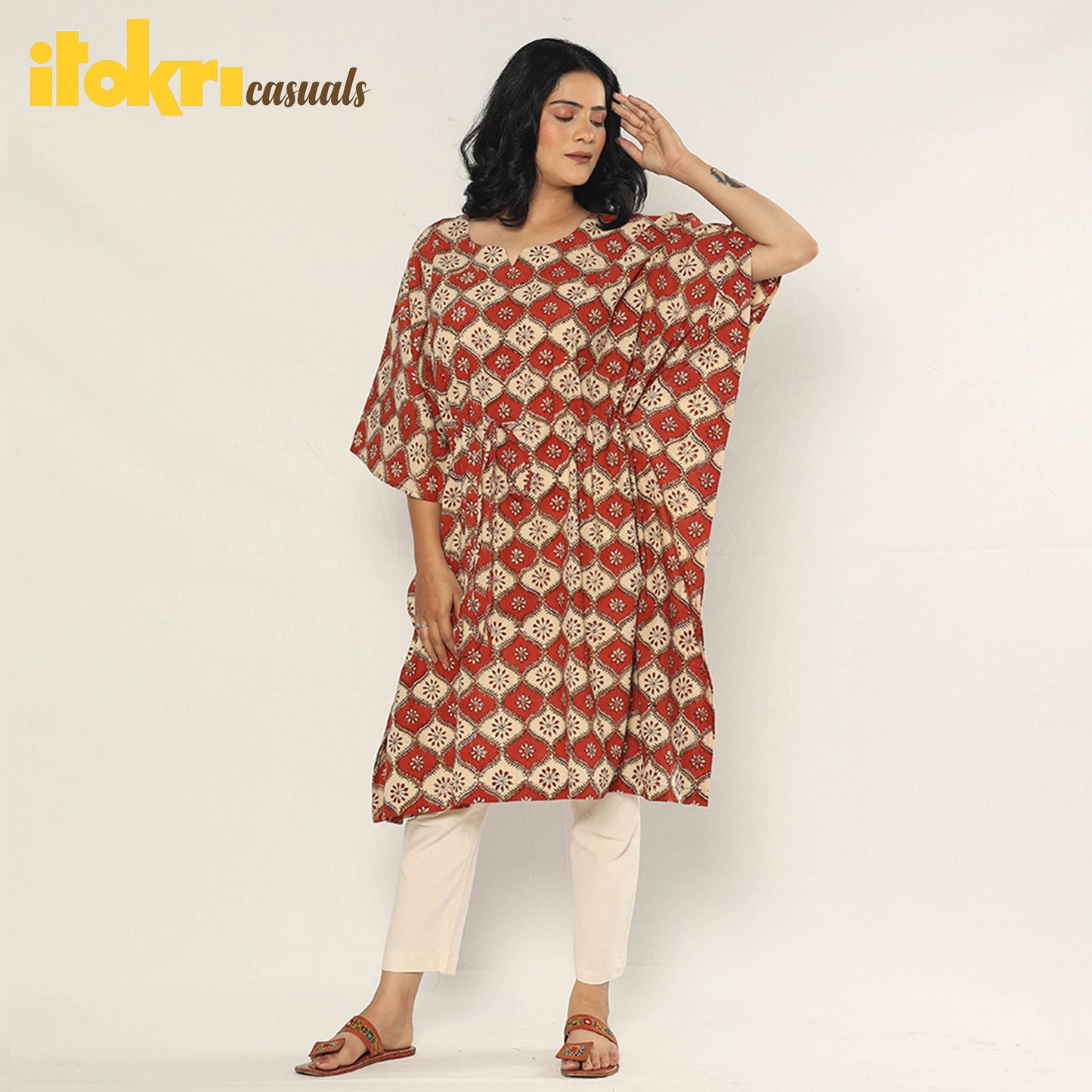 Multicolor - Bagru Dabu Block Printing Cotton Kaftan Dress (Medium)