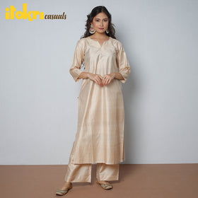 Buy Cream - Tussar Silk Plain Long Straight Kurta for Women