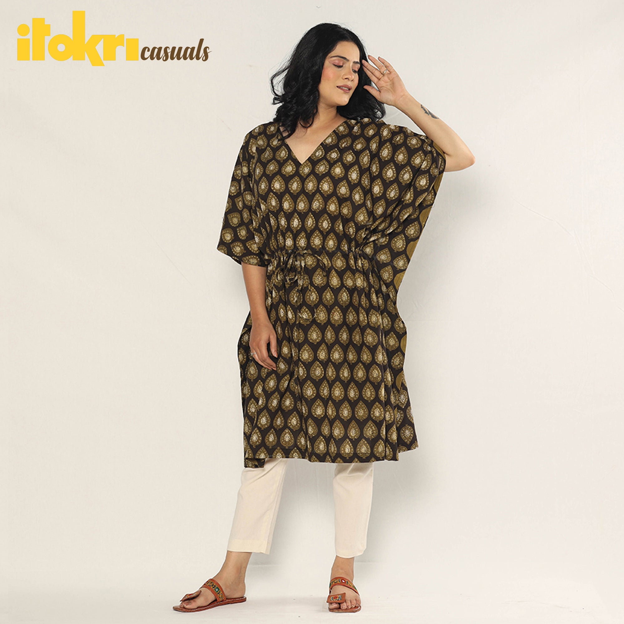 Brown - Bagru Dabu Hand Block Print Cotton Kaftan Dress (Medium)