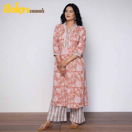 Coral Pink White Sanganeri Hand Block Printed Cotton Kurta with Palazzo Set