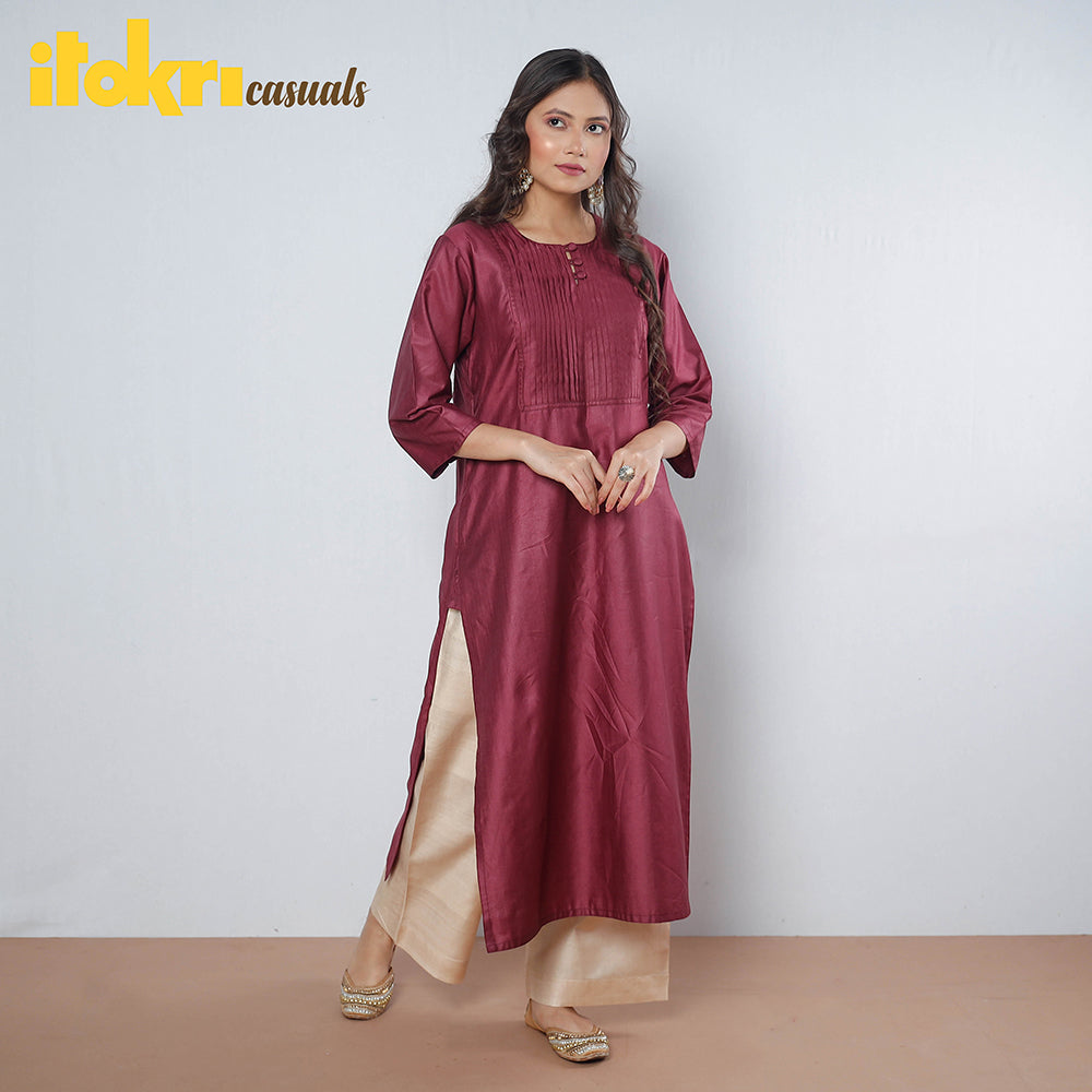  Brownish Purple - Pintuck Tussar Silk Plain Long Straight Kurta 