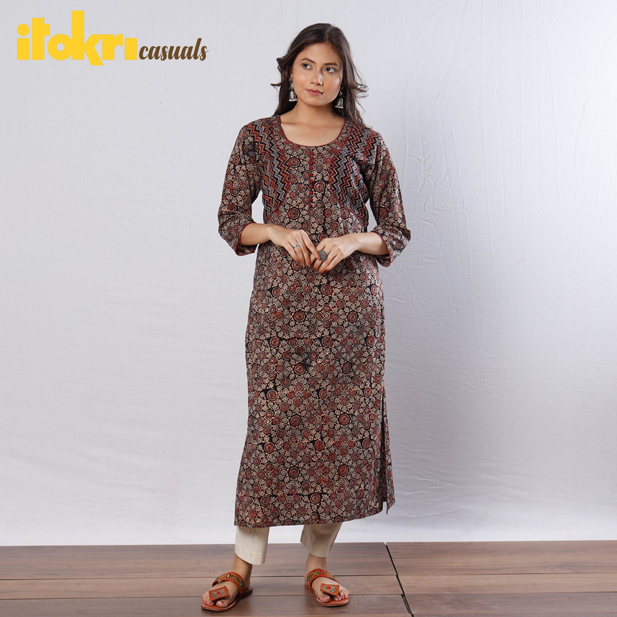 Buy Black Ajrakh Block Printed Cotton Long Kurta for Women