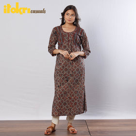 Buy Black Ajrakh Block Printed Cotton Long Kurta for Women