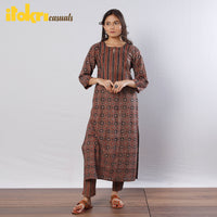 Brown Black Geometric Flowers Ajrakh Block Printing Kurti with Pant Set