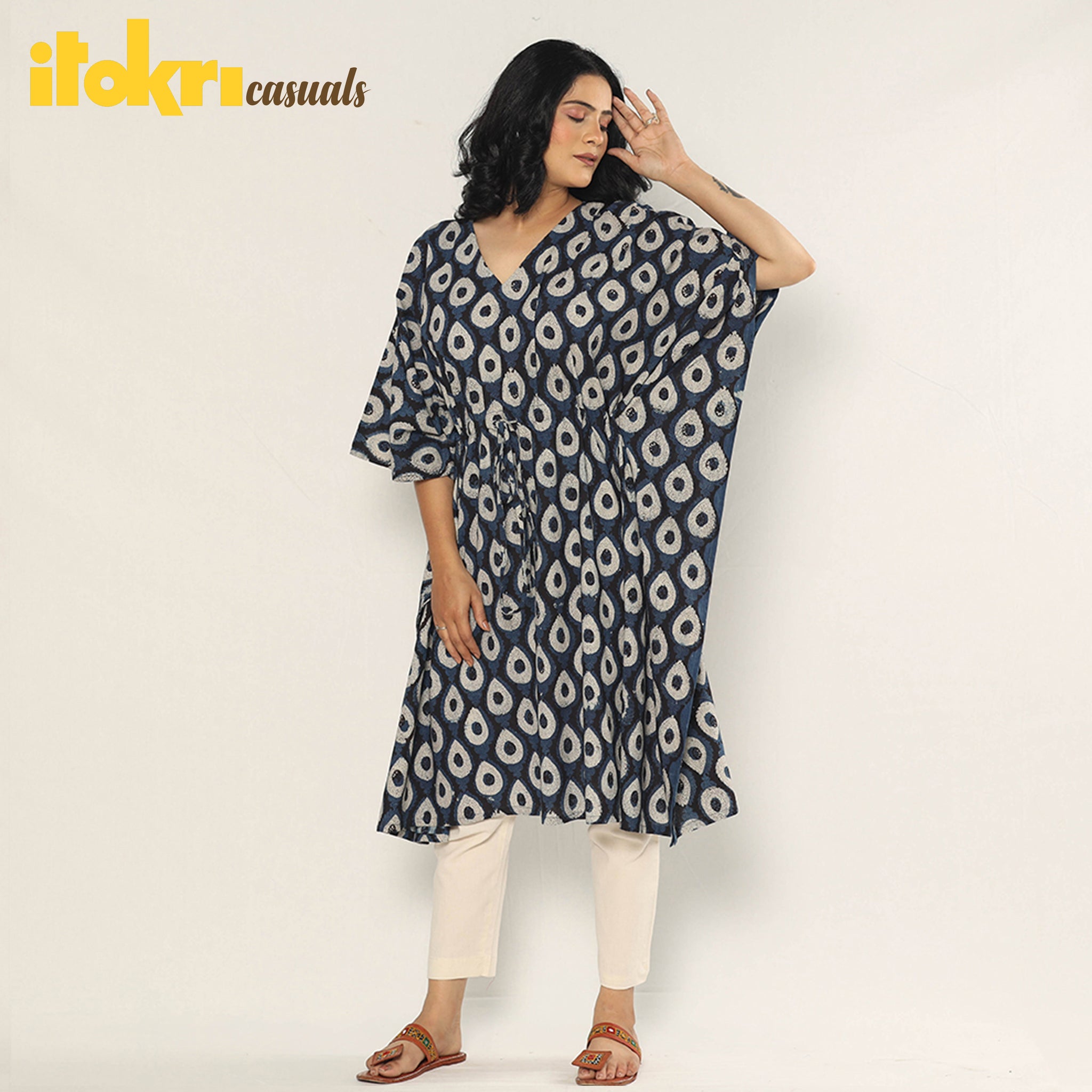 Buy online Notch Neck Block Printed Kaftan Dress from western wear