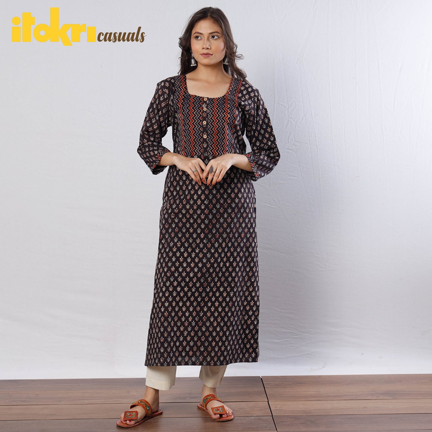 Black Geometric Buti Ajrakh Block Printing Cotton Long Kurti