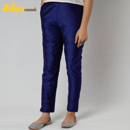 Blue Silk Tapered Casual Pant for Women