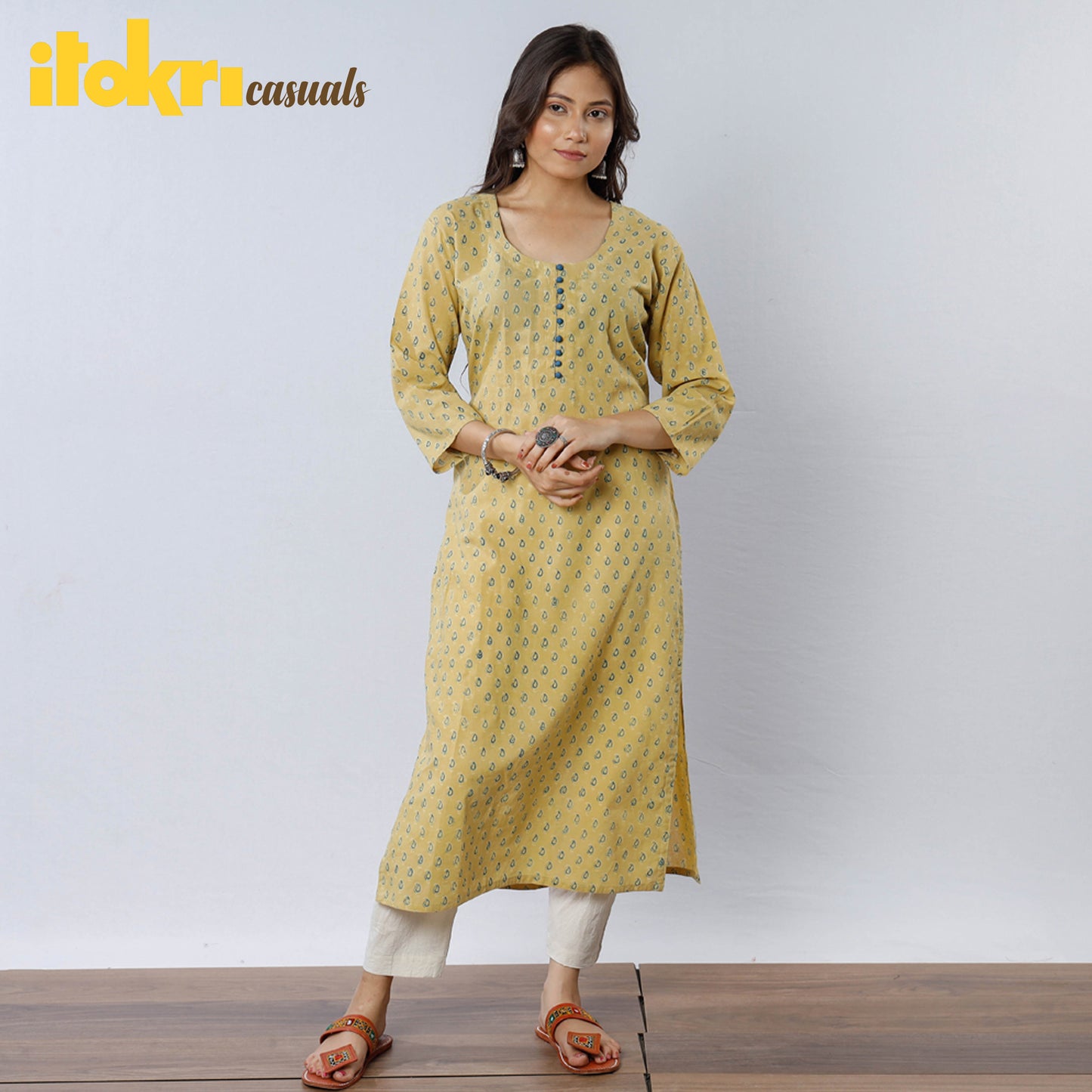 Light Yellow Ajrakh Block Printing Long Kurta