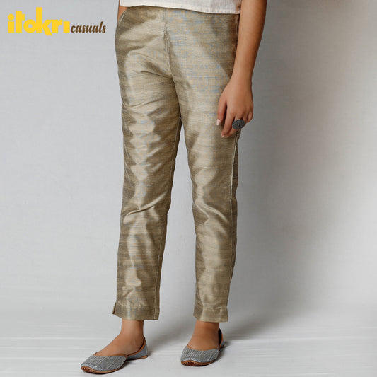 Brown - Light Gold - Silk Tapered Casual Pant for Women