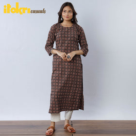 Buy iTokri Casuals - Ajrakh Block Printed Cotton Long Kurta Online at iTokri.com