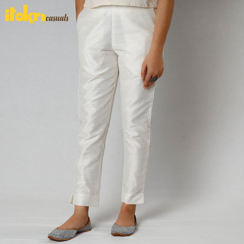 White Silk Tapered Casual Pant for Women