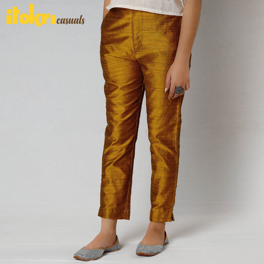 Brown - Mustard Yellow - Silk Tapered Casual Pant for Women