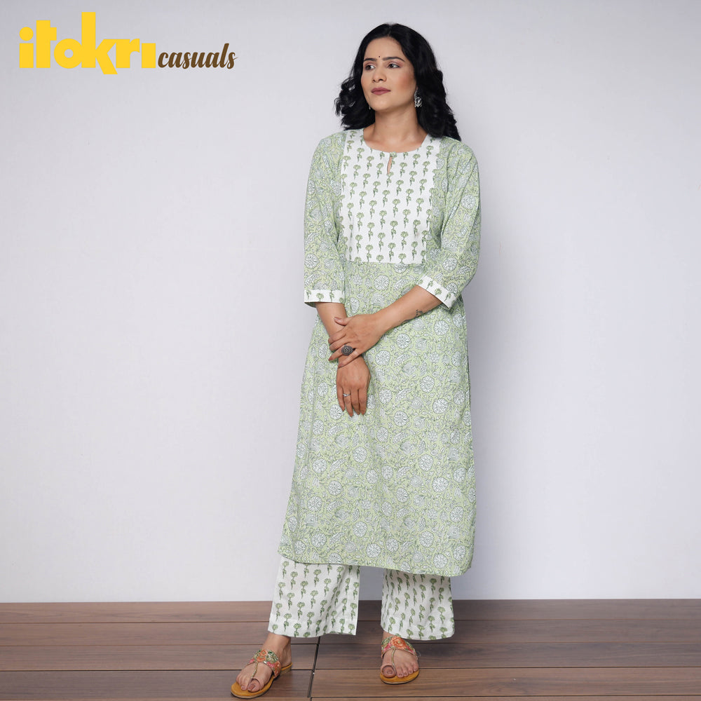 Green White Sanganeri Hand Block Printed Cotton Kurta with Palazzo Set