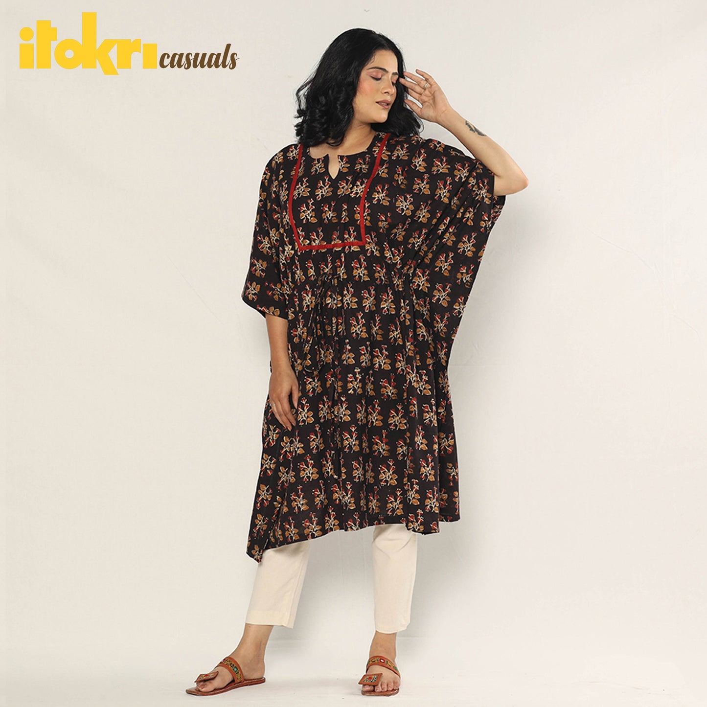 Black - Bagru Dabu Hand Block Print Cotton Kaftan Dress (Medium)