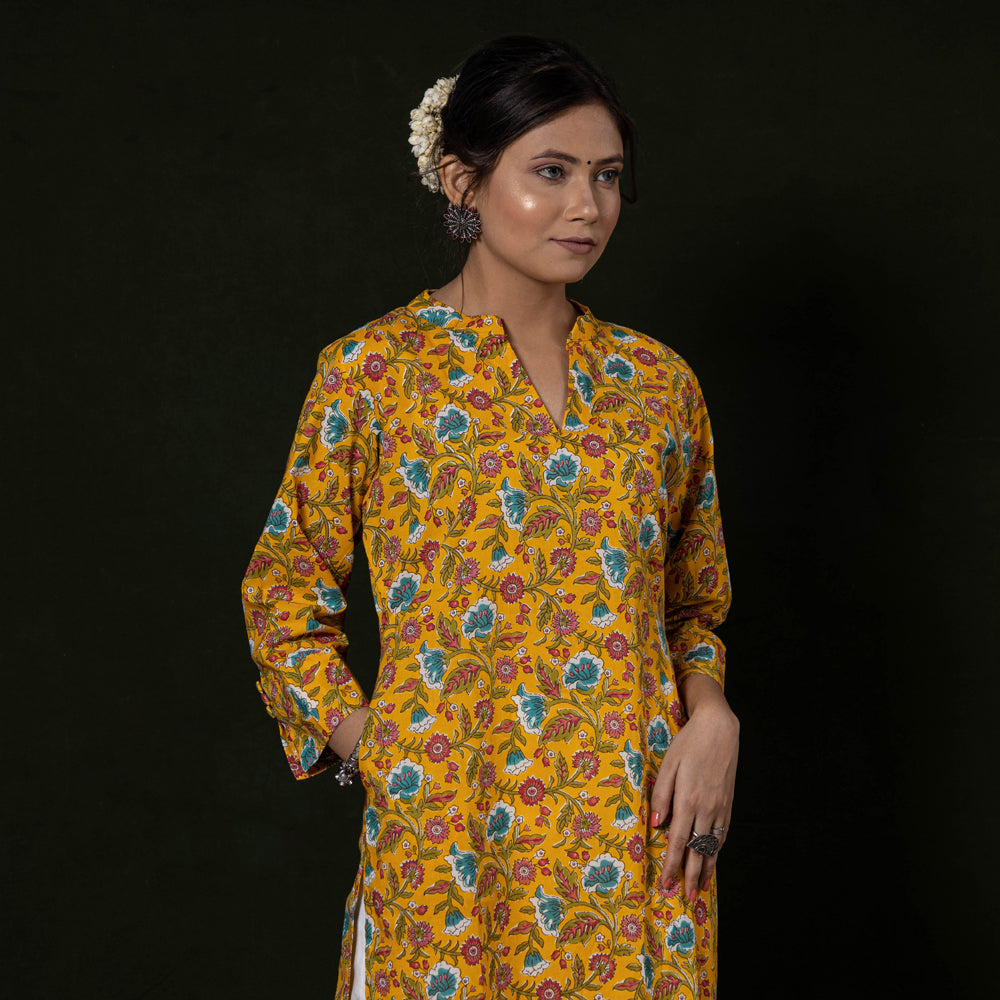 Yellow - Sanganeri Block Printing Cotton Long Kurta