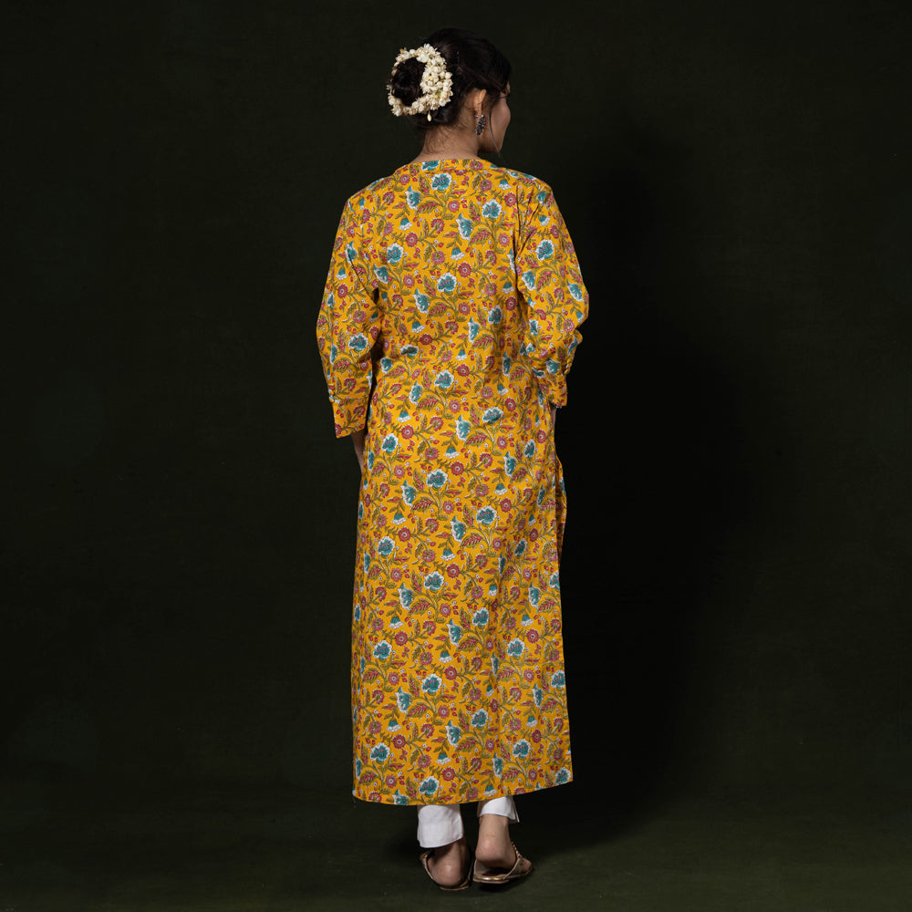 Yellow - Sanganeri Block Printing Cotton Long Kurta