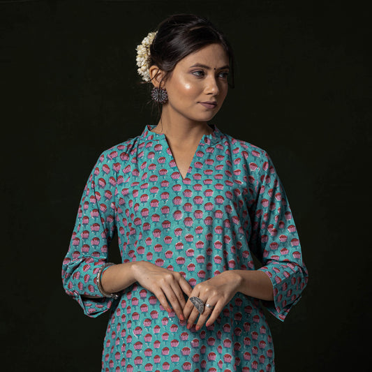 Blue - Sanganeri Block Printing Cotton Long Kurta