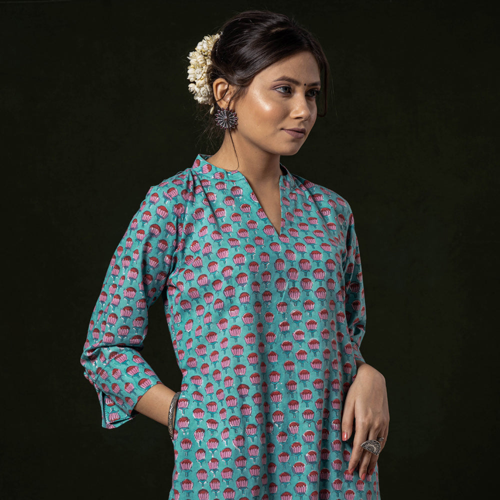 Blue - Sanganeri Block Printing Cotton Long Kurta