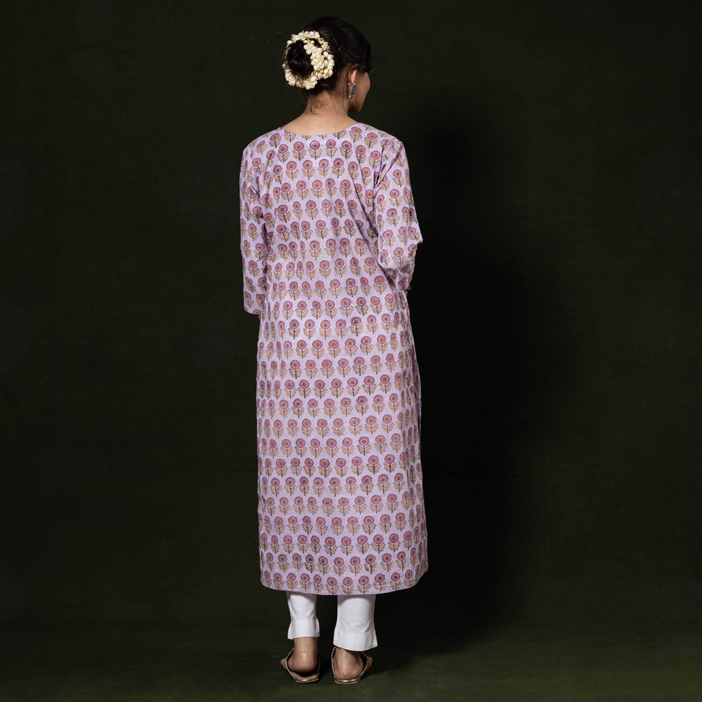 Pink - Sanganeri Block Printing Cotton Long Kurti