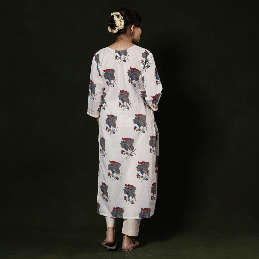 White - Sanganeri Block Printing Cotton Long Kurti