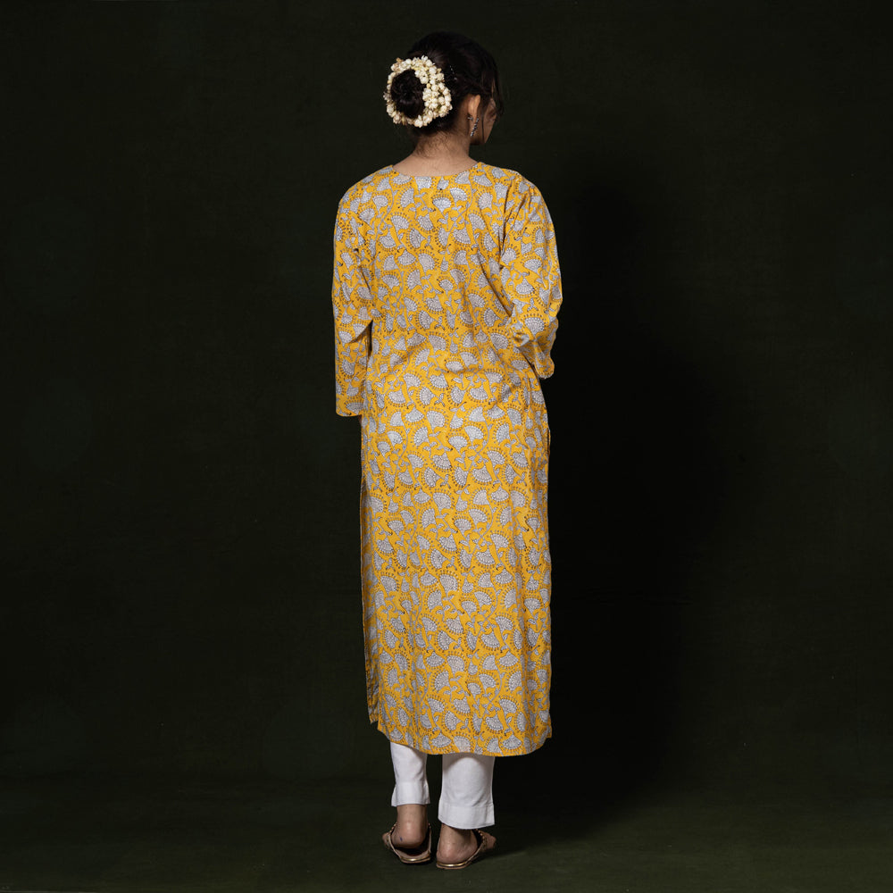 Yellow - Pintuck Sanganeri Block Printing Cotton Long Kurti