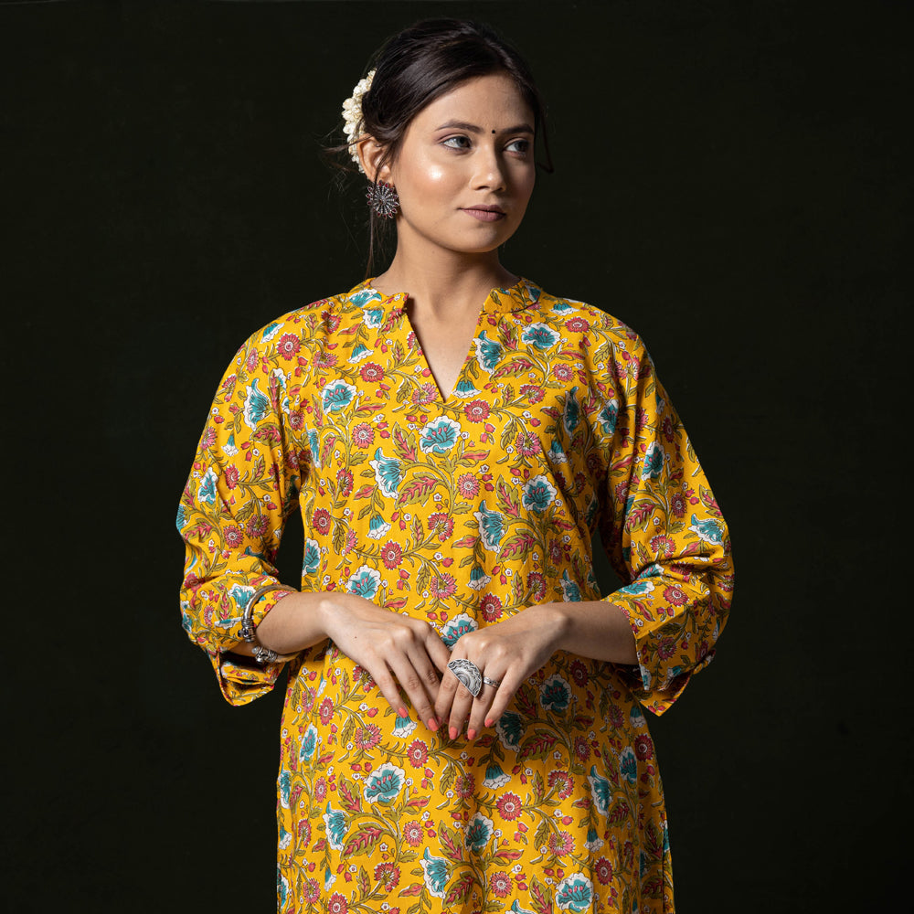 Yellow - Sanganeri Block Printing Cotton Long Kurta