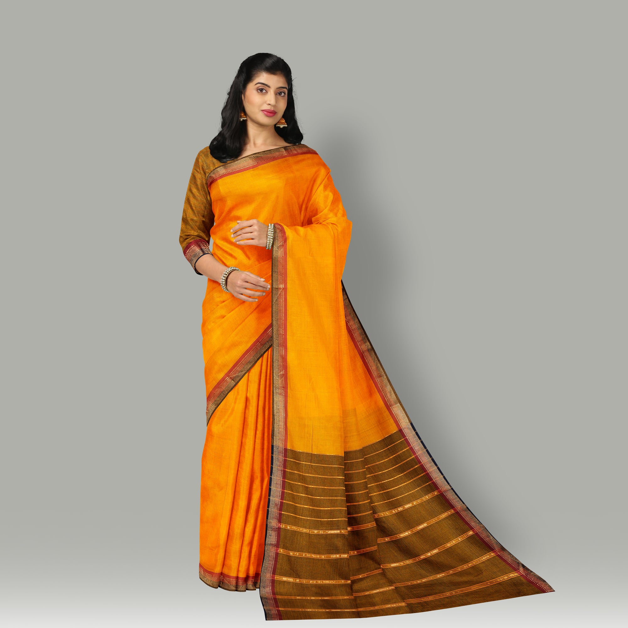 Orange - mangalagiri godavari handloom cotton zari border