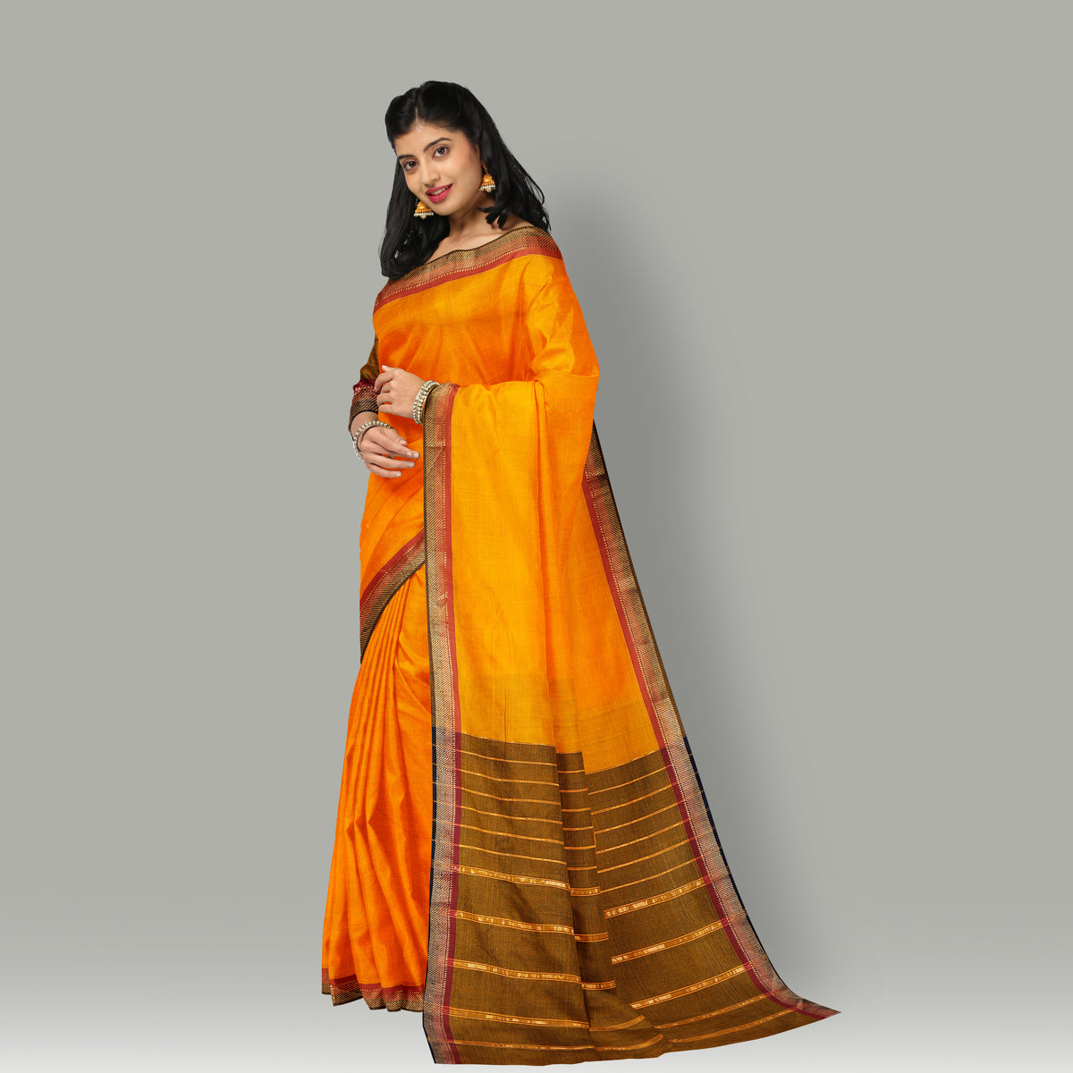 Orange - mangalagiri godavari handloom cotton zari border
