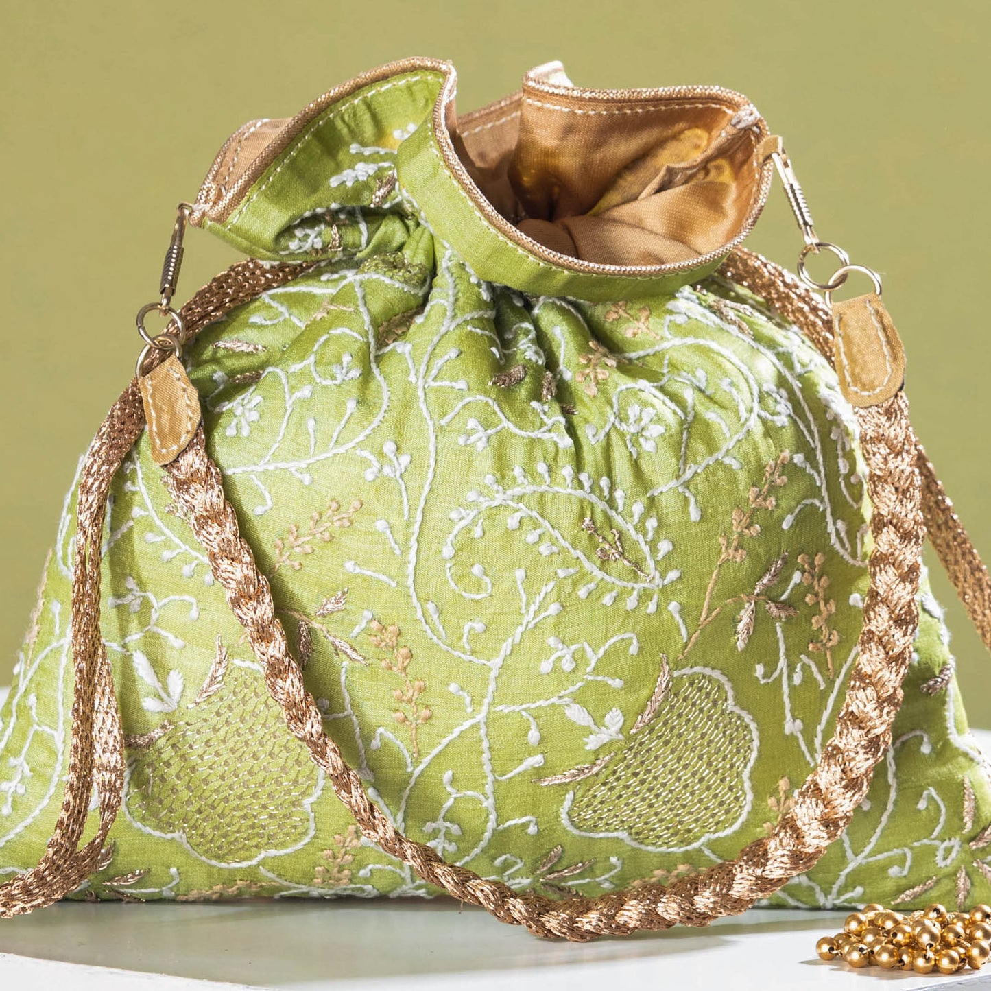 Chikankari Hand Embroidered Tussar Silk Potli Bag