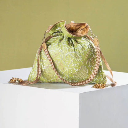 Chikankari Hand Embroidered Tussar Silk Potli Bag