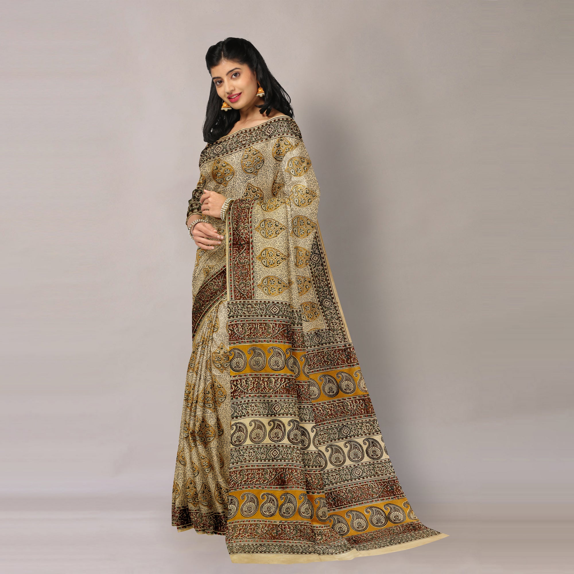 Beige - Pedana Kalamkari Block Printing Natural Dyed Cotton Saree