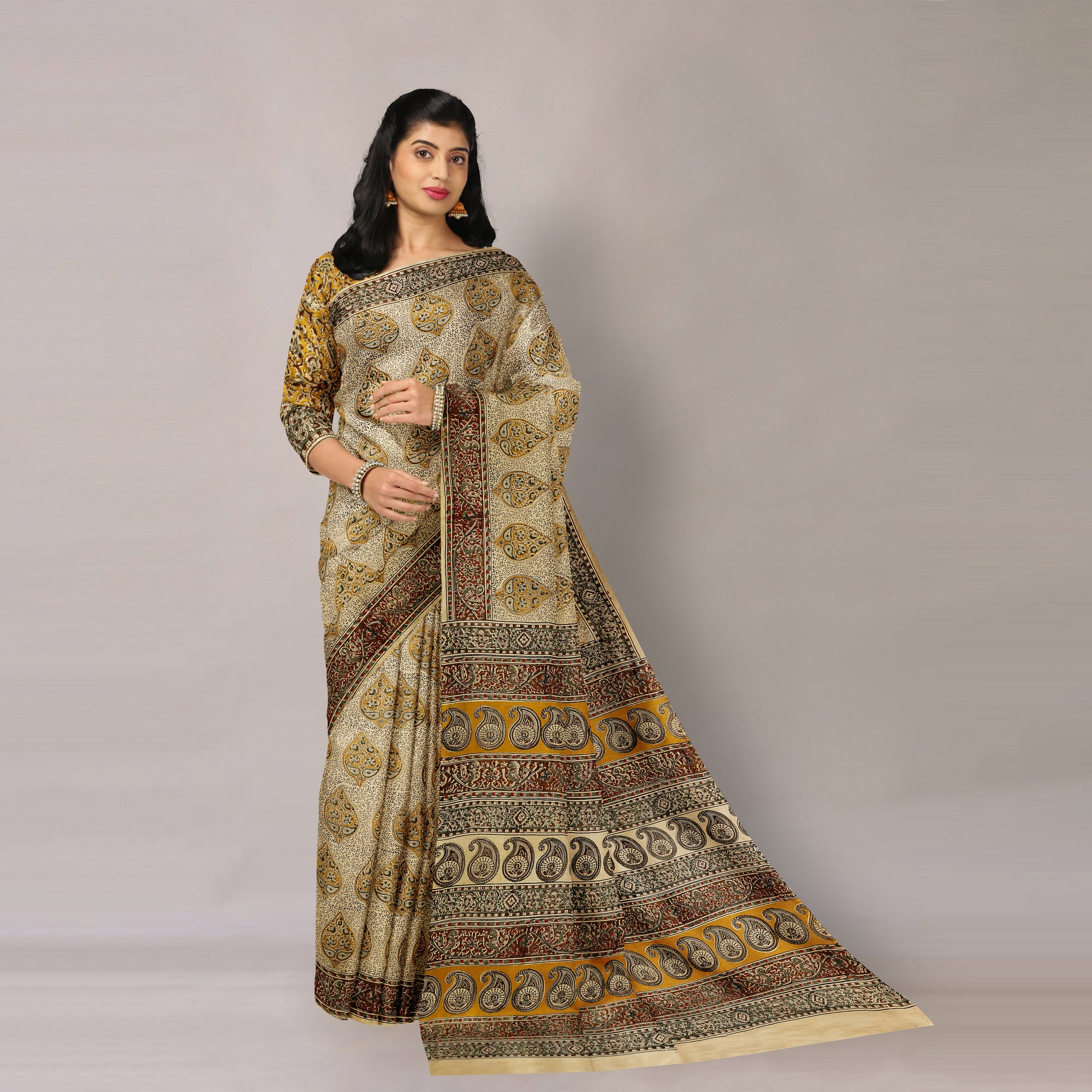 Beige - Pedana Kalamkari Block Printing Natural Dyed Cotton Saree