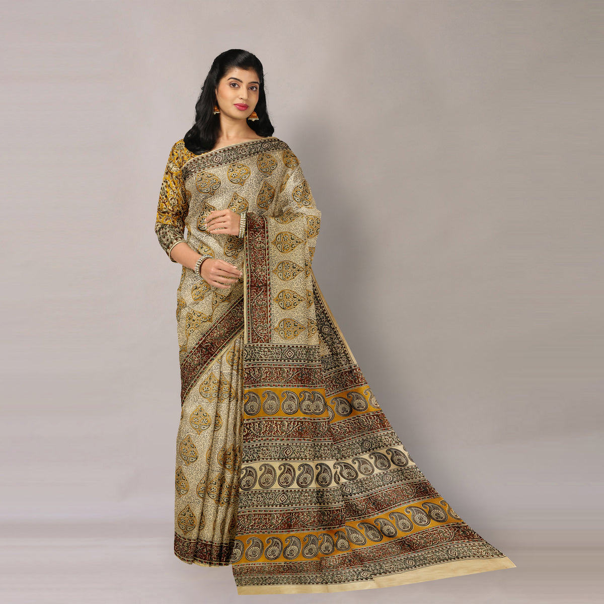Beige - Pedana Kalamkari Block Printing Natural Dyed Cotton Saree