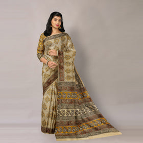 Beige - Pedana Kalamkari Block Printing Natural Dyed Cotton Saree