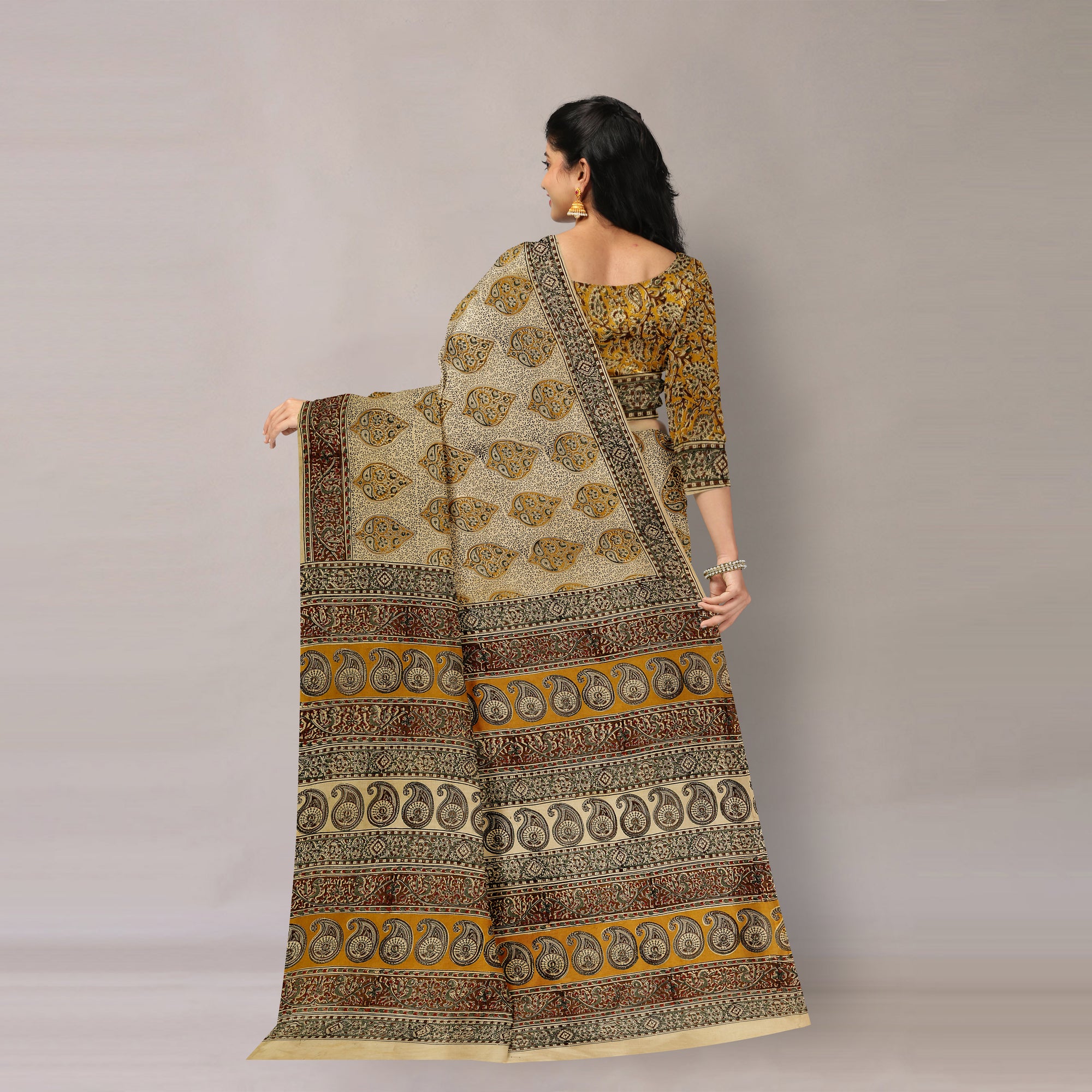 Beige - Pedana Kalamkari Block Printing Natural Dyed Cotton Saree