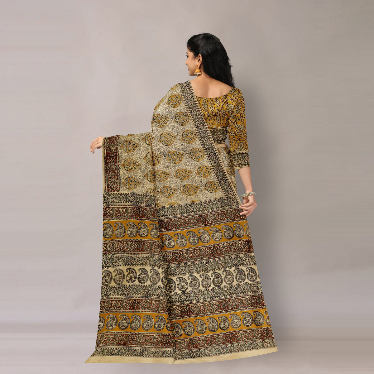 Beige - Pedana Kalamkari Block Printing Natural Dyed Cotton Saree