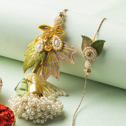 Leafy - Handmade Zardozi Beadwork Rakhi & Lumba Set