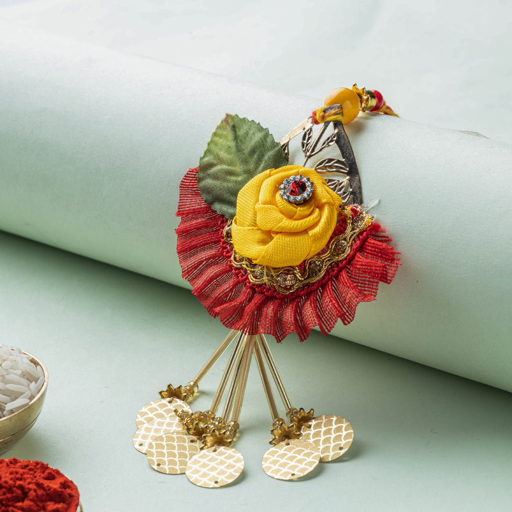 Flower - Fabric & Metal Beadwork Lumba Rakhi
