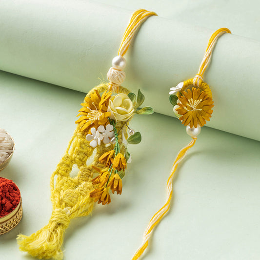 Handmade Paper Flowers & Thread Work Rakhi & Lumba Set