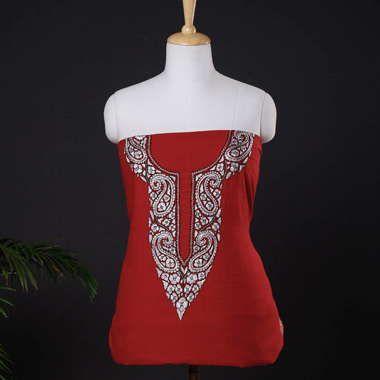 Red - Kashidakari Hand Embroidery Mangalgiri Cotton Kurti Material - 2.55 meters
