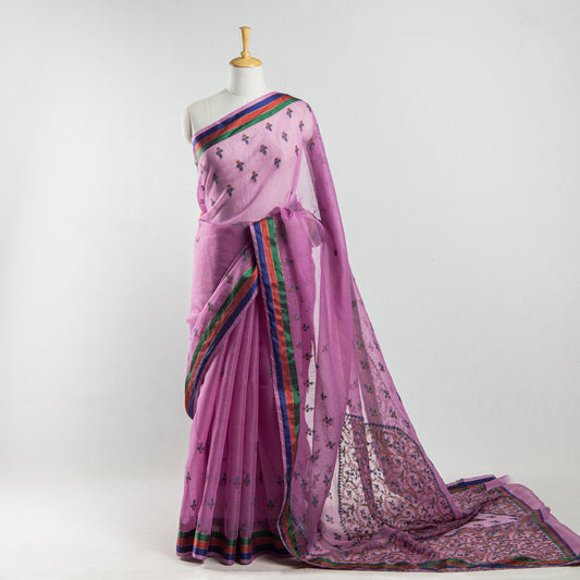 Purple - Kashidakari Hand Embroidery Pure Kota Silk Saree with Zari Border