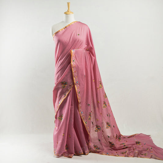 Pink - Kashidakari Hand Embroidery Pure Chanderi Silk Block Printed Saree with Zari Border