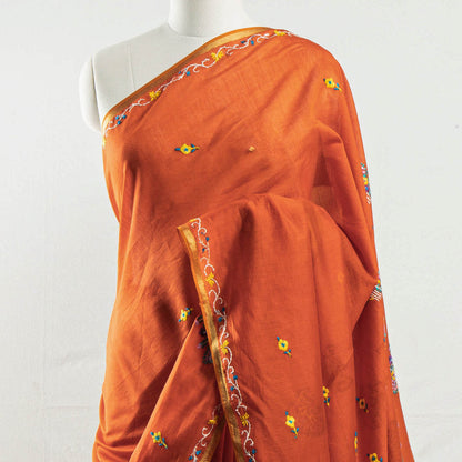 Orange - Kashidakari Hand Embroidery Pure Chanderi Silk Block Printed Saree with Zari Border