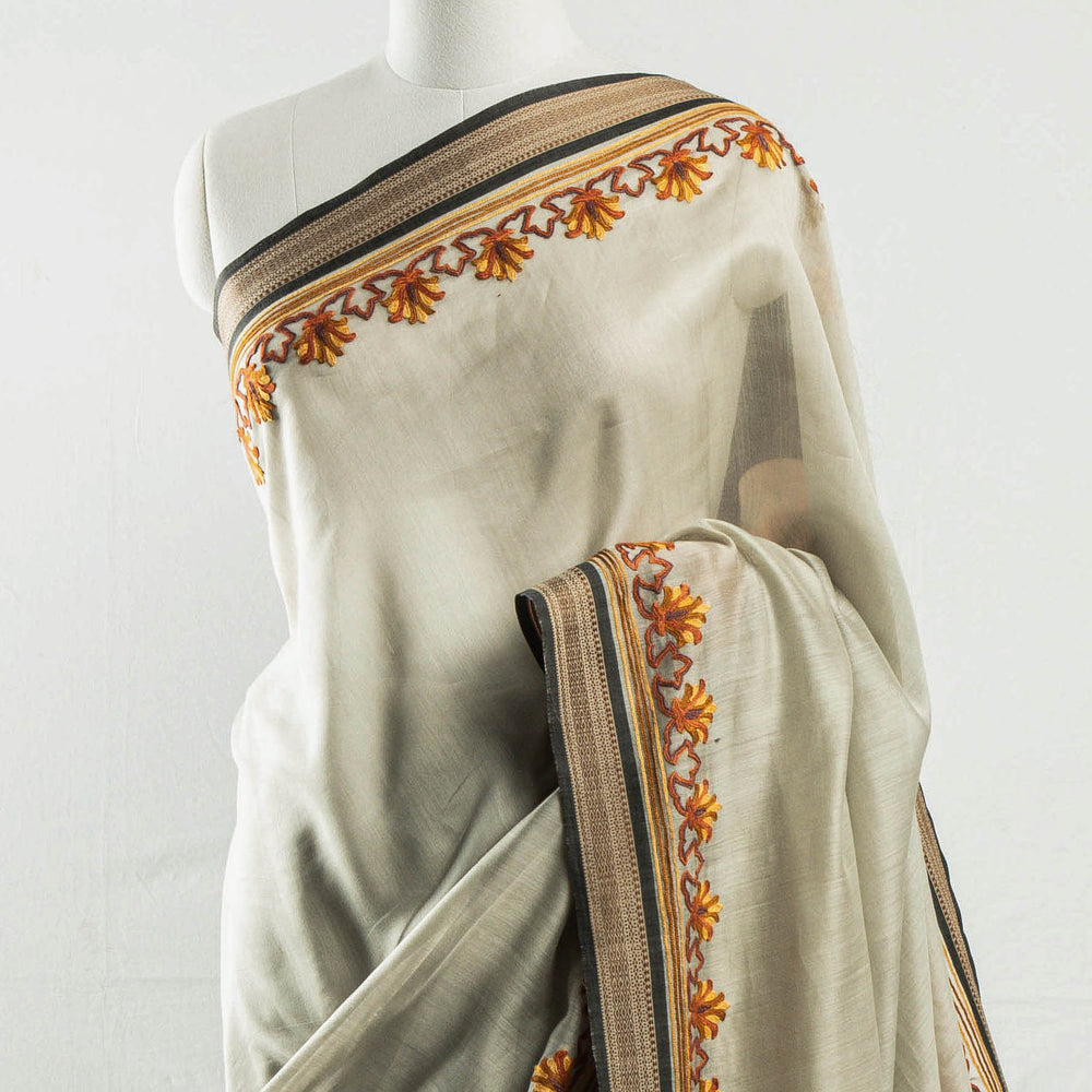 Grey - Kashidakari Hand Embroidery Pure Maheshwari Silk Saree with Border