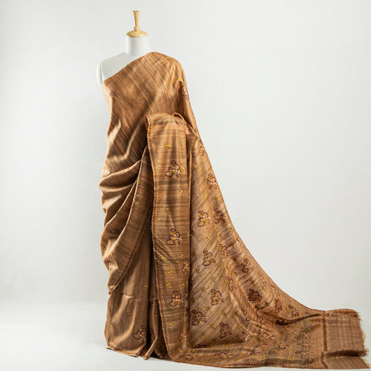 Brown - Kashidakari Hand Embroidery Pure Tussar Silk Saree