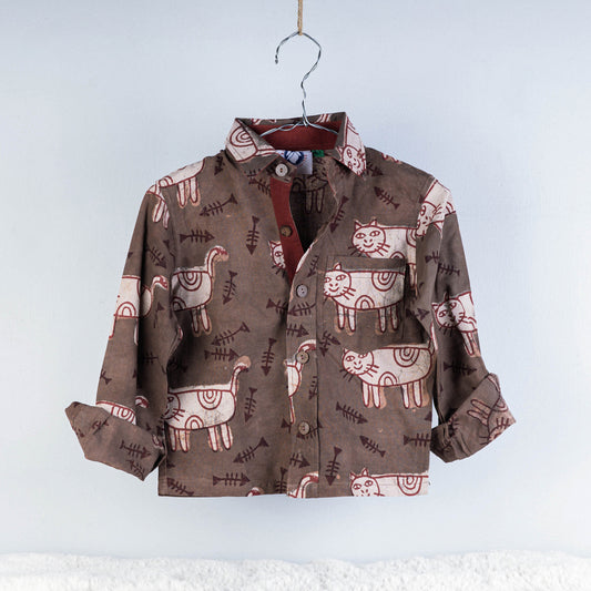 Brown - Block Art Printed Natural Dyed Cotton Kids Full Sleeve Shirt