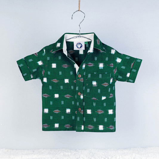 Green - Ikat Weave Cotton Half-Sleeve Kids Shirt