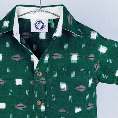 Green - Ikat Weave Cotton Half-Sleeve Kids Shirt