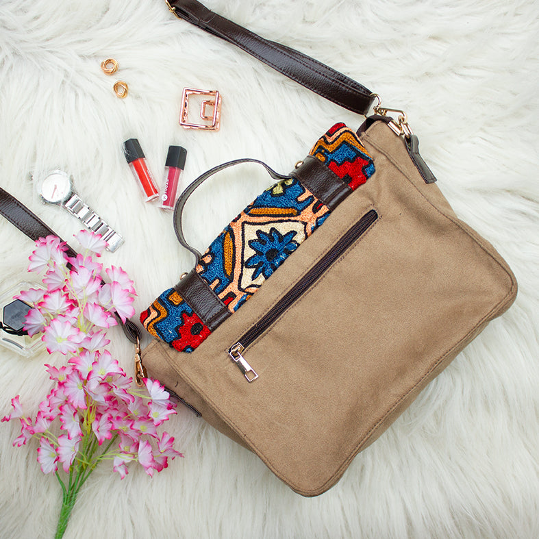 Brown - Nakashi Hand Embroidery Suede Satchel Sling Bag