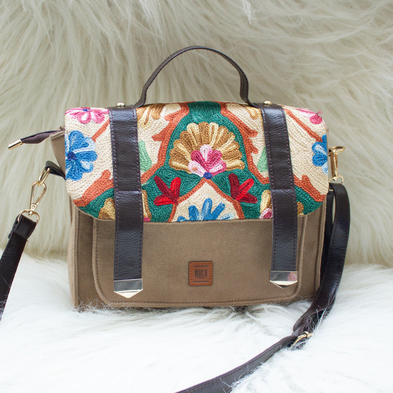 Beige - Silica Hand Embroidery Suede Satchel Sling Bag